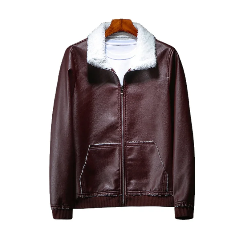

2021 new fashion bomber jacket men Leather winter thick warm fur denim jacket men slim leather leather jacket men