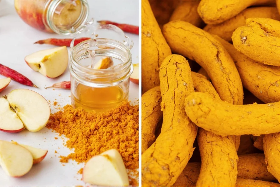 Apple cider vinegar and turmeric mixture in a glass with measuring spoons