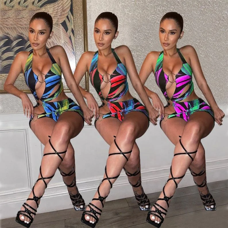 

X01285l Sexy Hang Neck Summer Hor Sale Printd Women Bathing Suit Beach Style Hallow-Out Girl's Prom Dresses, 1 colors