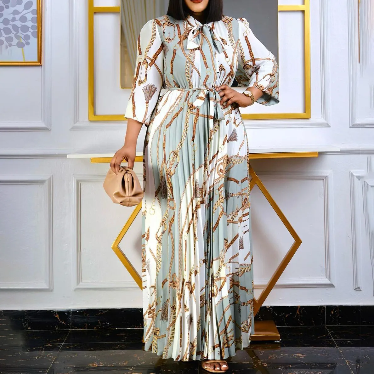 

2022 Summer Fashion Women Pleated Dress Print 3/4 Sleeve Office Lady Work High Waist Vintage Long African Female Maxi Dresses