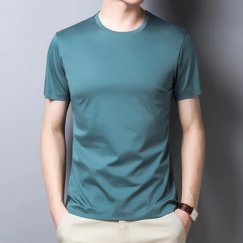 

Summer men's double mercerized cotton round neck short sleeve T-shirt solid casual men's T-shirt thin