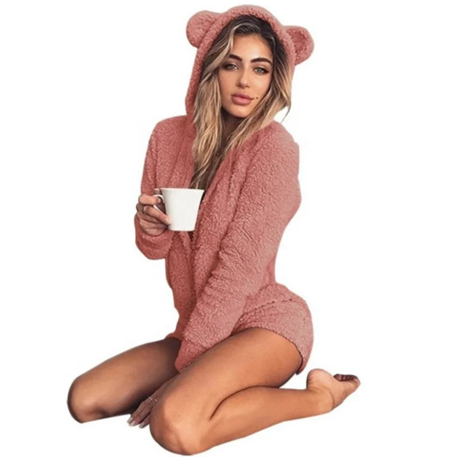 

Hot Winter Warm Romper Pajamas Long-sleeved Plush Jumpsuit Hooded Rabbit Ear Fleece Sexy Sleepwear Women's Casual Wear for Girls