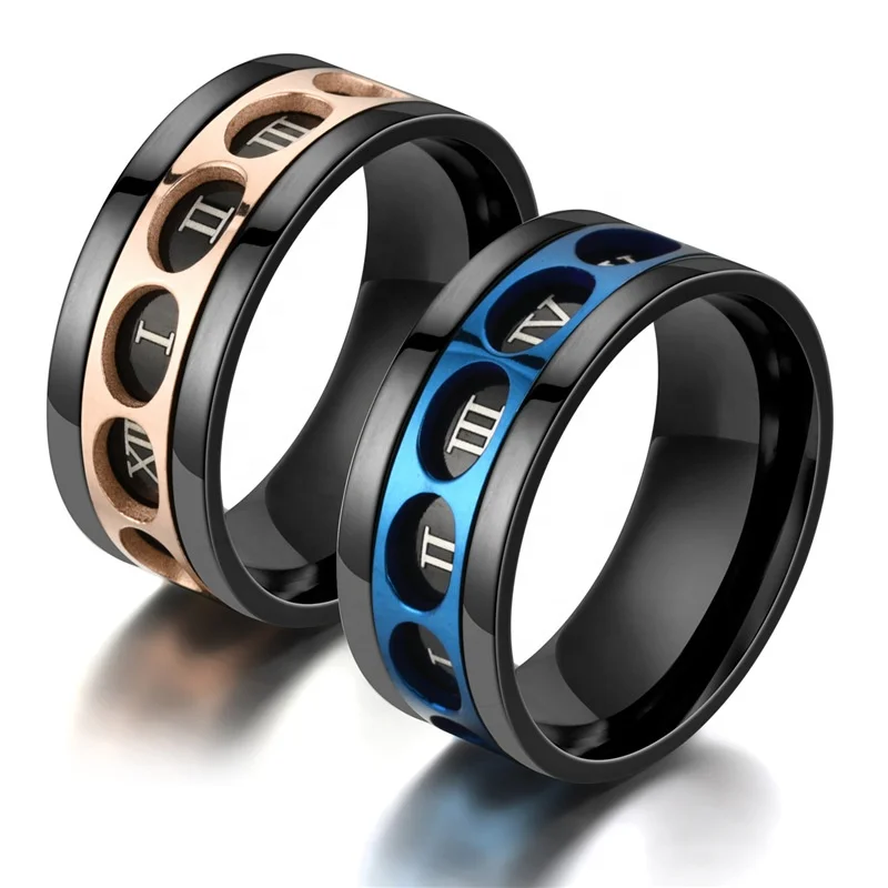 

Vintage Black Rose Gold Roman Numerals Rotating Titanium Stainless Steel Ring