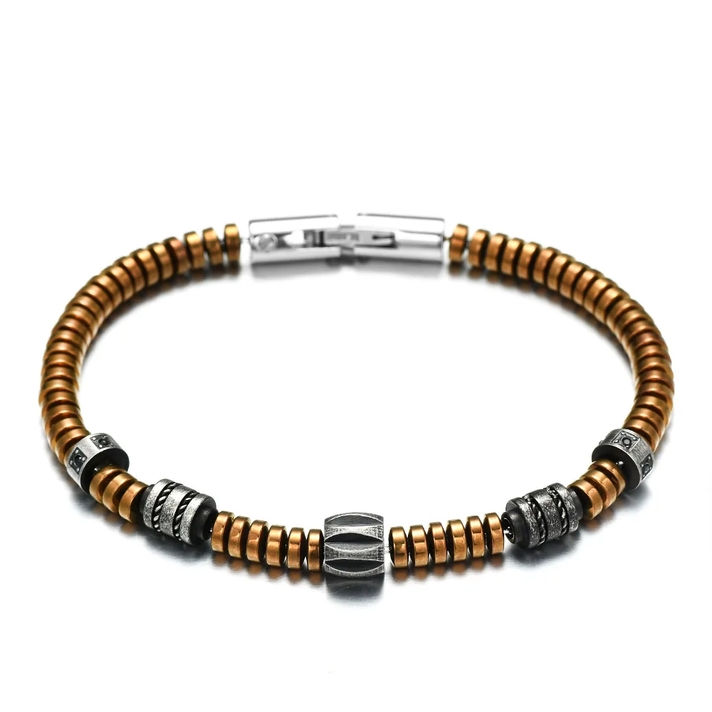 

REAMOR Retro Coffee Gold plated Hematite Natural Stone Bracelet Stainless Steel and Zircon Paved Beaded Jewelry Bracelet for Men