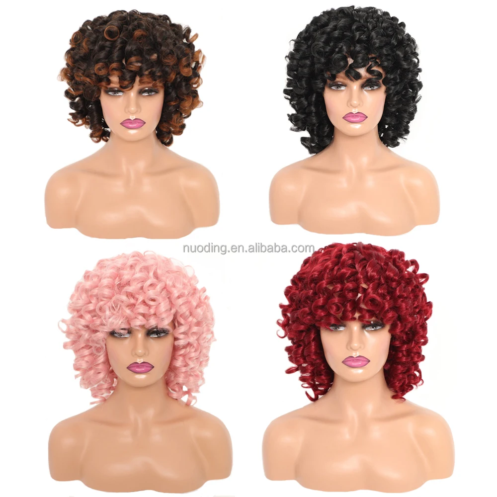 

New arrival 13inch short bomb fringe big curl colorful cosplay heat resistant fiber synthetic wigs no lace wigs, 1b#,27#,30#,bug#,pink#