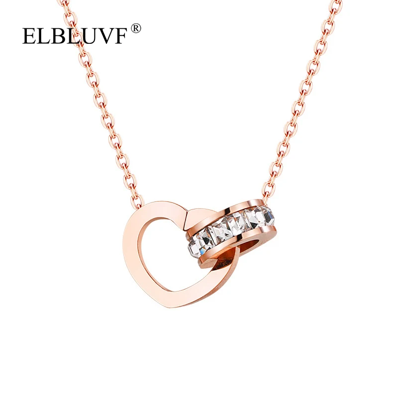 

ELBLUVF High Quality Stainless Steel Zircon Rose Gold Plated Heart Circle Connected Pendant Necklace For Women