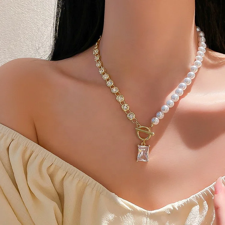 

Bincho Korean Fashion 14K Gold Plated T Shape Buckle Zircon Chain Choker Handmade Baroque Natural Freshwater Pearl Necklace