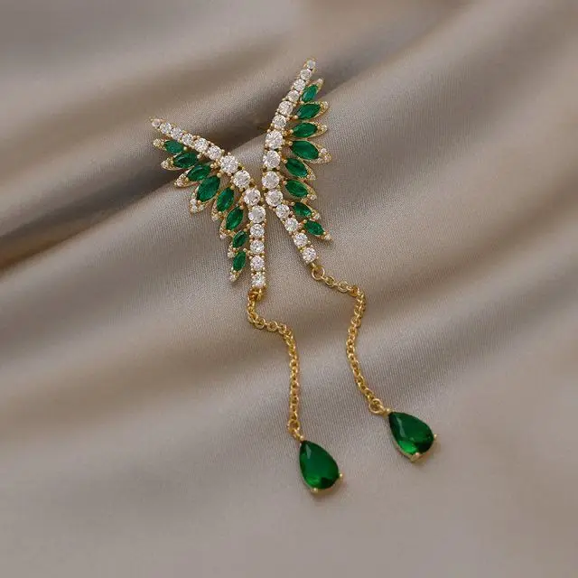 

fashion green crystal earings fairy wing
