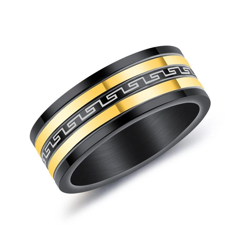 

men ring Wholesale 8mm Great Wall Pattern Black Stainless Steel Ring For Men