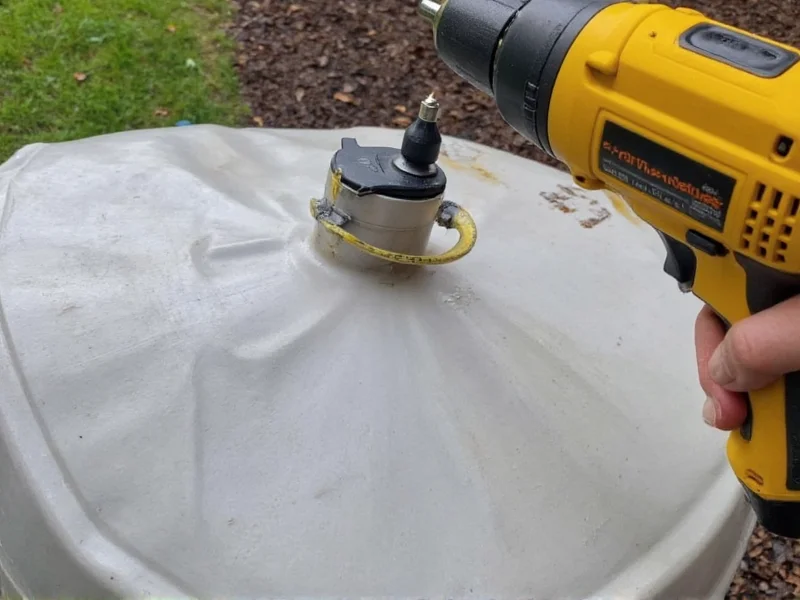 Drilling precise hole for rain barrel spigot with measurement guide