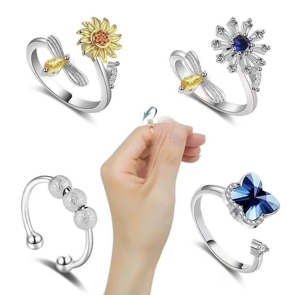 

AA00179 Rotatable Adjustable Fidget Anti Anxiety Rings Jewelry Girls Women Creative Sunflower Spinning Spinner Ring Crystal
