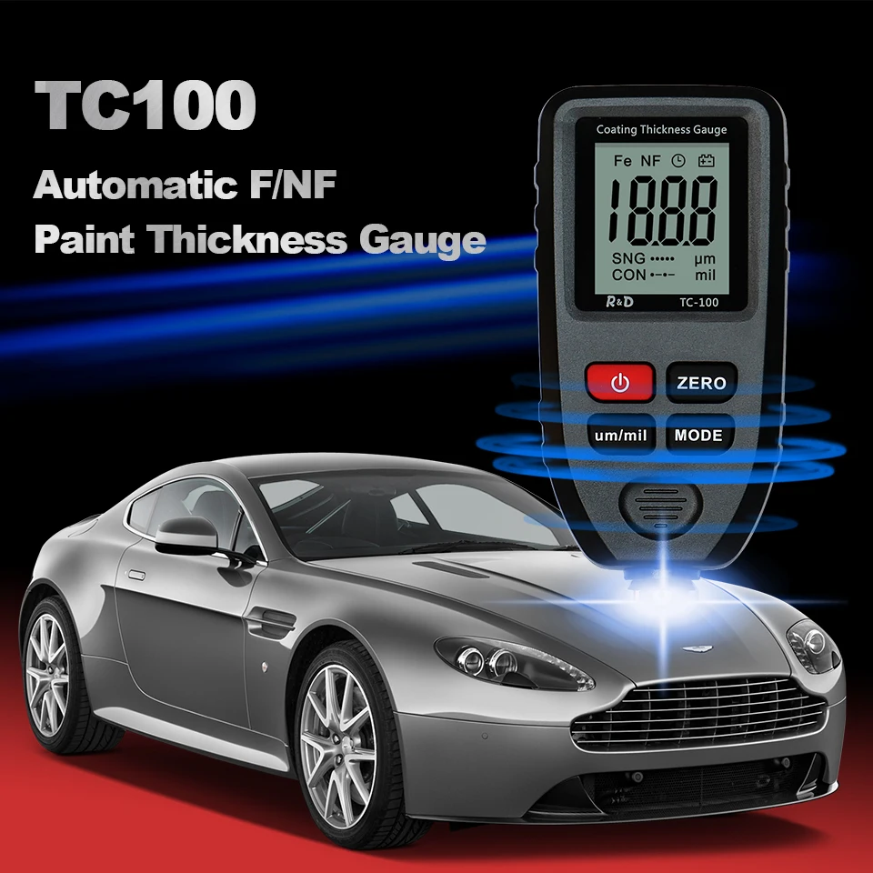 
R&D TC100 Coating Thickness Gauge 0.1micron/0-1300 Car Paint Film Thickness Tester Measuring FE/NFE Russian Manual Paint Tool 