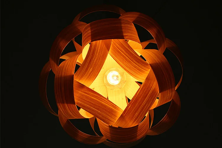 Handmade natural oak cherry  curvy wooden veneer rattan bamboo weaving chandelier pendant light