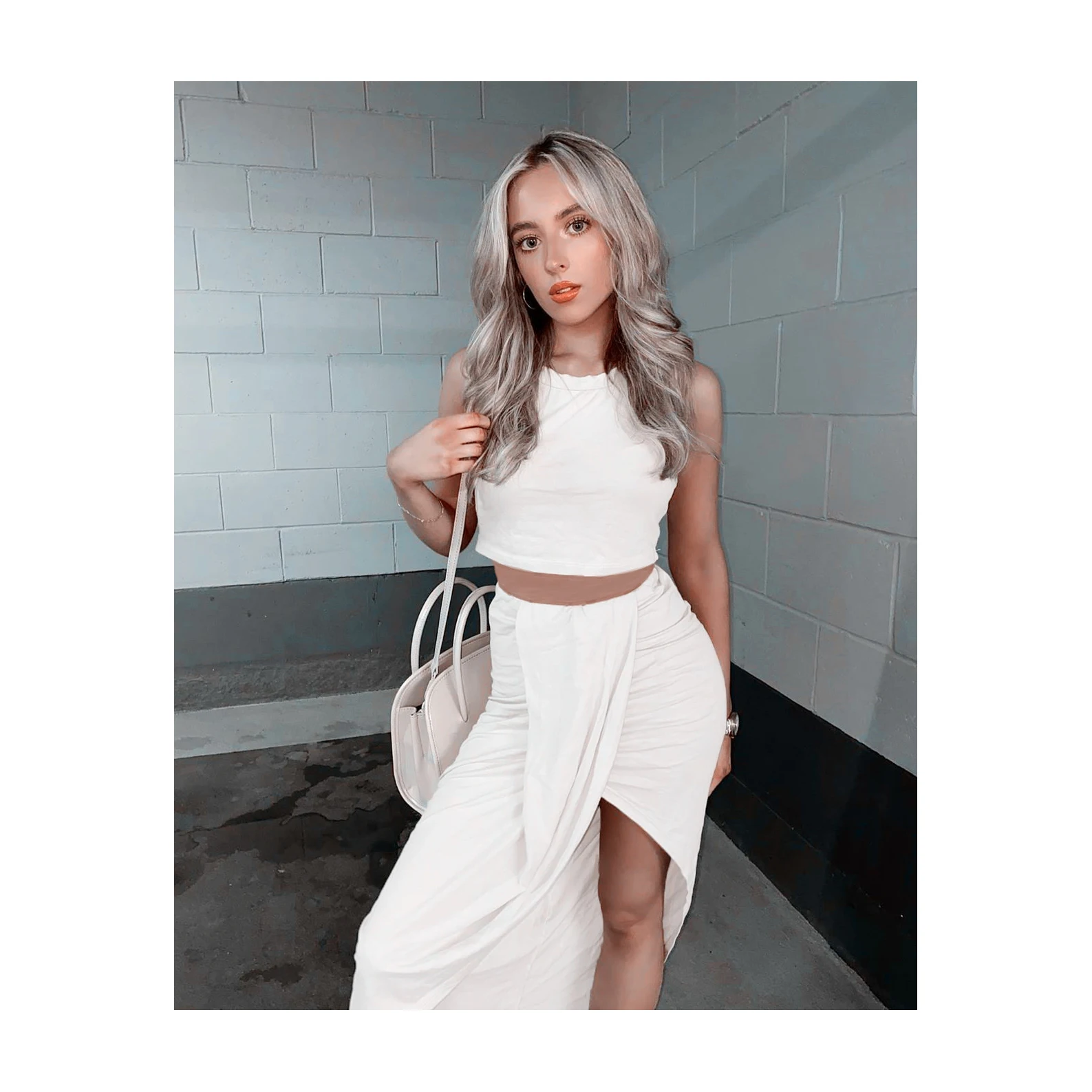 

White Orange Gray Crop Tops Pleated Thigh High Slit Outfits Women Two Pieces Skirt Outfit for Women Traje Conjunto De Falda