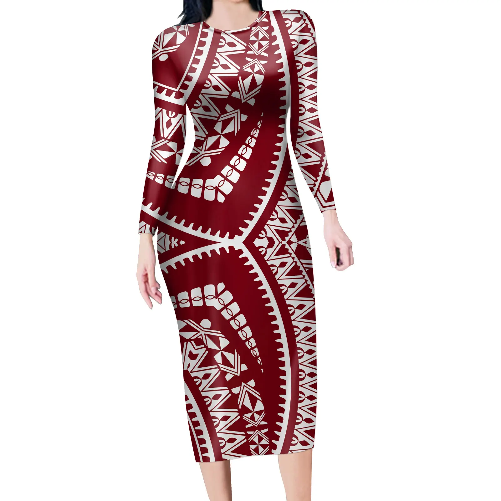 

Hawaiian Samoan Women Modest Dresses Tight Dresses Women Gowns for Women Evening Dresses Long Sleeve Knee Length Round Collar, Customized color