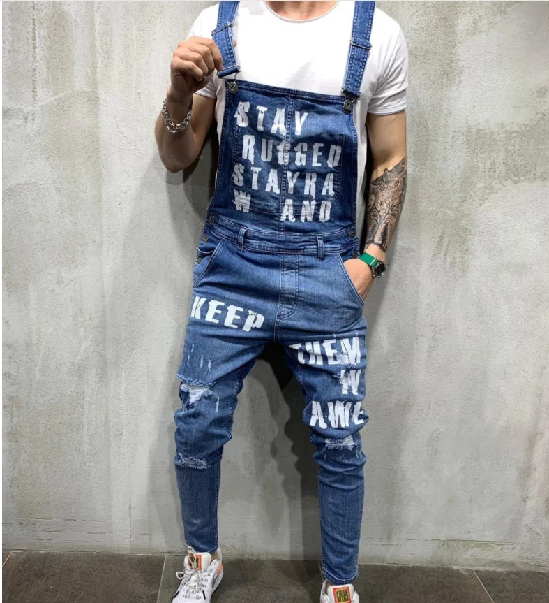 

2021 Fashion Men's Ripped Jeans Jumpsuits Ankle Length Letter Printing Distressed Denim Bib Overalls For Men Suspender Pants