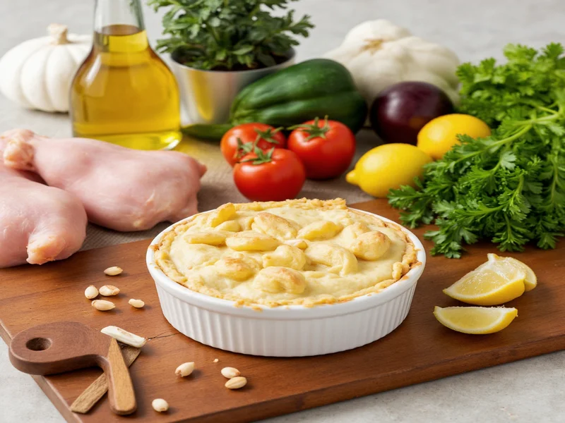 Fresh ingredients for chicken pot pie arranged on counter