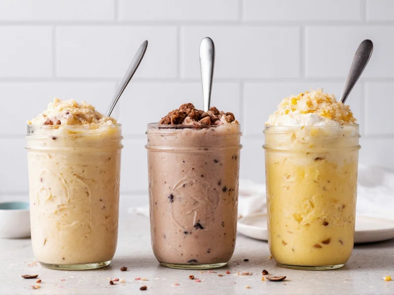 Three homemade ice cream flavors in mason jars with toppings