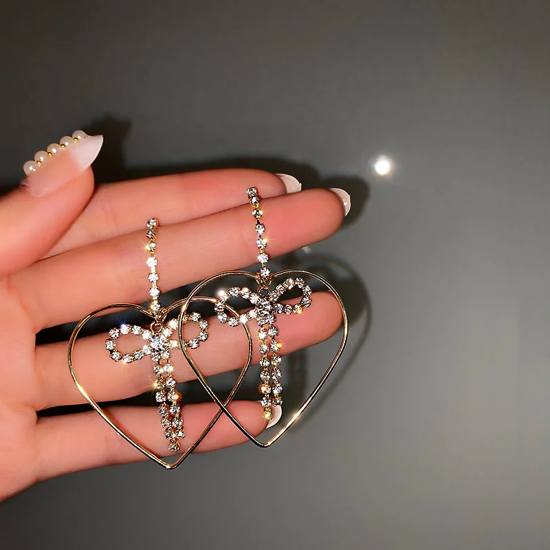 

New Statement Crystal Bow-knot Big Heart Dangle Earrings For Women Fashion Jewelry Party Earrings Wholesale, Picture shows