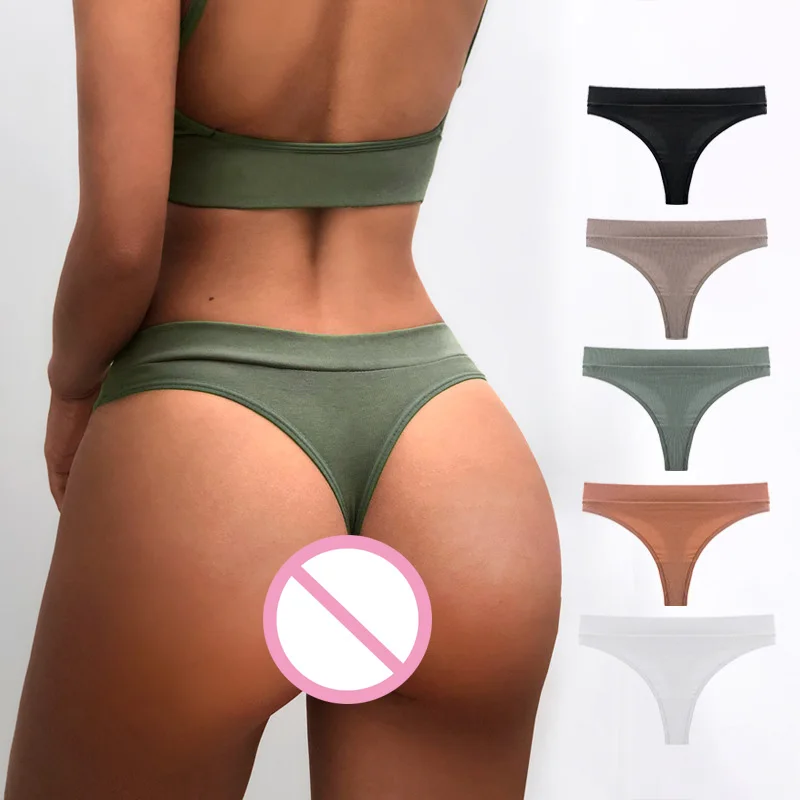 

Hot Ribbed G-string String Panty Cotton Women's Underwear Sexy Panties Female Underpants Thong Solid Color Pantys Lingerie, Multicolor