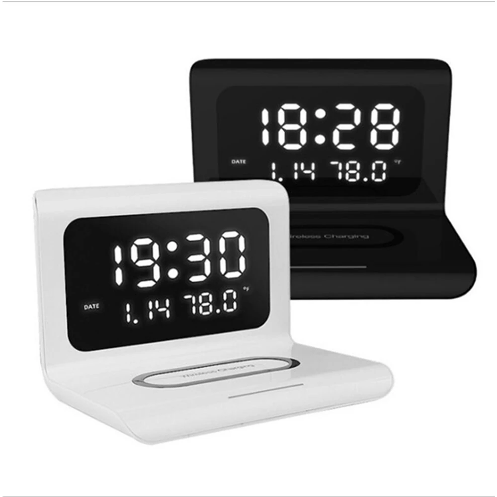 

Hot Selling Multifunctional Desktop Temperature Date Display 15W Qi Digital Alarm Clock Wireless Charger, Black white