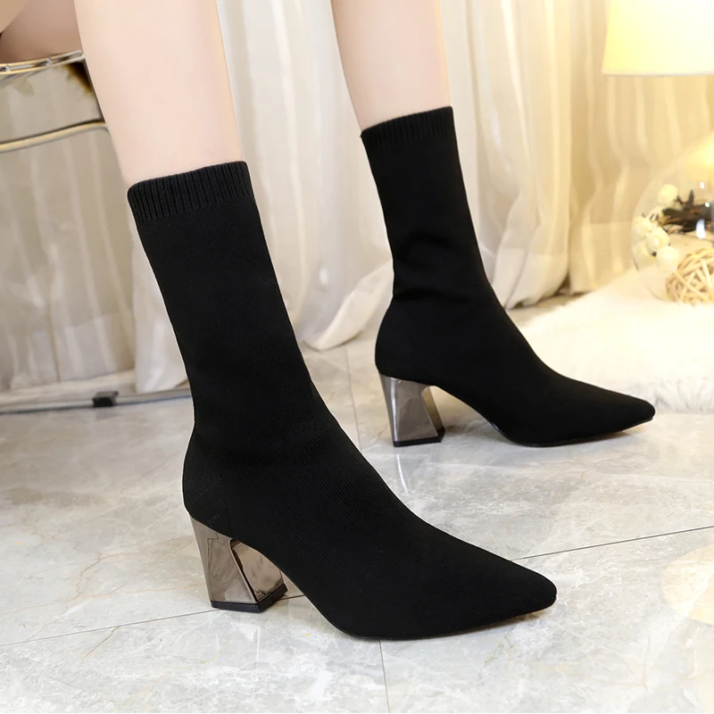 

Women Slim fit high socks boots high elastic fabric flying weaving A806, Black
