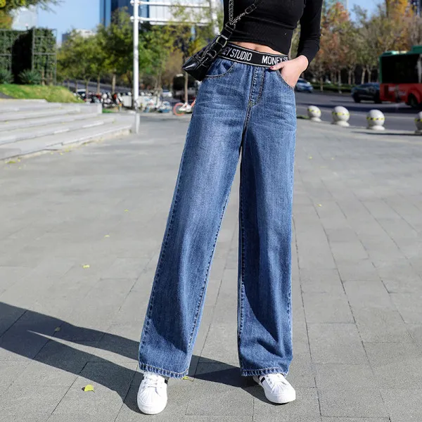 

2020 new wide leg Blue Women's jeans with elastic waist print, Sky blue