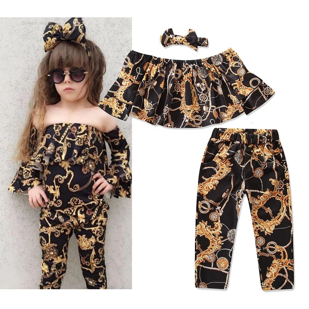 

Hot selling boutique ruffle crop top and pants outfits kids girls clothing headband sets Baby Girl Children Clothes 3pcs Set, Picture