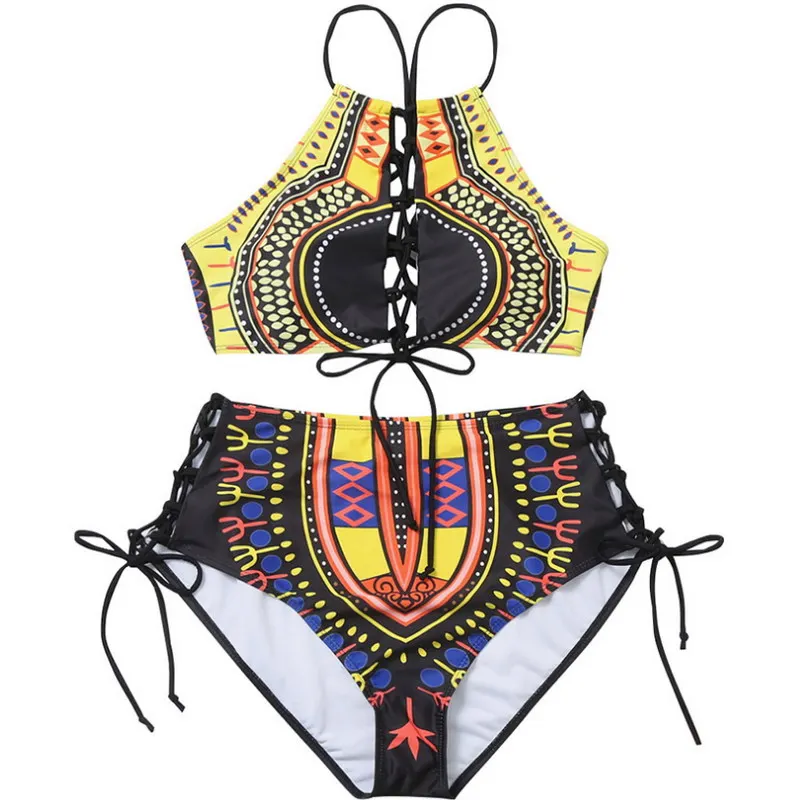 

Premium OEM Factories Fertilize Enlarge Sexy Printed Fat Women Two Piece Swimsuit Backless Cross Bikini, As pictures