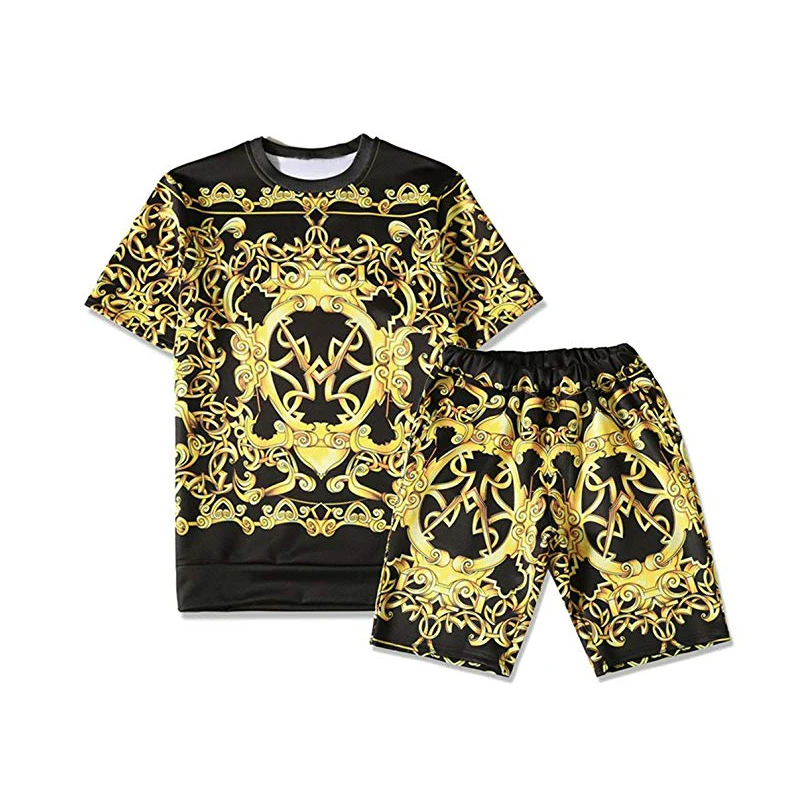 

Mens Casual Short Sleeve Golden Baroque Print Shorts And Tshirt Summer Sets