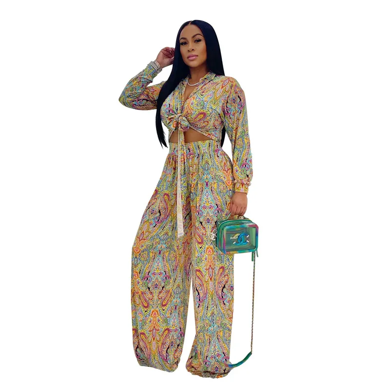 

Spring 2 Piece African Printed Outfit Long Sleeve V Neck Two Piece Crop Tops Wide Leg Pants Set Women Clothing Sexy, 1 color