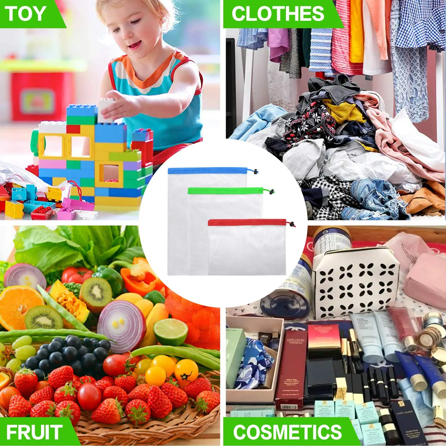 Eco Friendly Washable Reusable Vegetable Mesh Produce Bags RPET nylon Mesh produce Bag