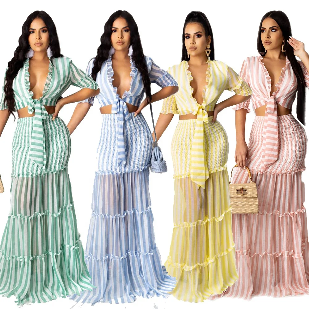 

B62495A Hot style striped chiffon print lady fashion ready to ship evening dress set, Yellow/light pink/light blue/green