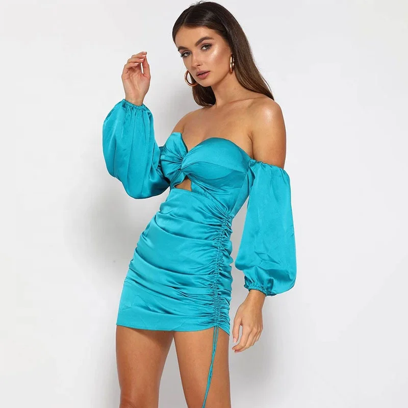 

B23891A Autumn New fashion women's Puff Sleeve drawstring off-shoulder dress
