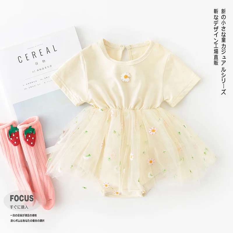 

newborn baby girls daisy embroidery jumpsuit infant kids bodysuit princess mesh tulle dresses, As picture