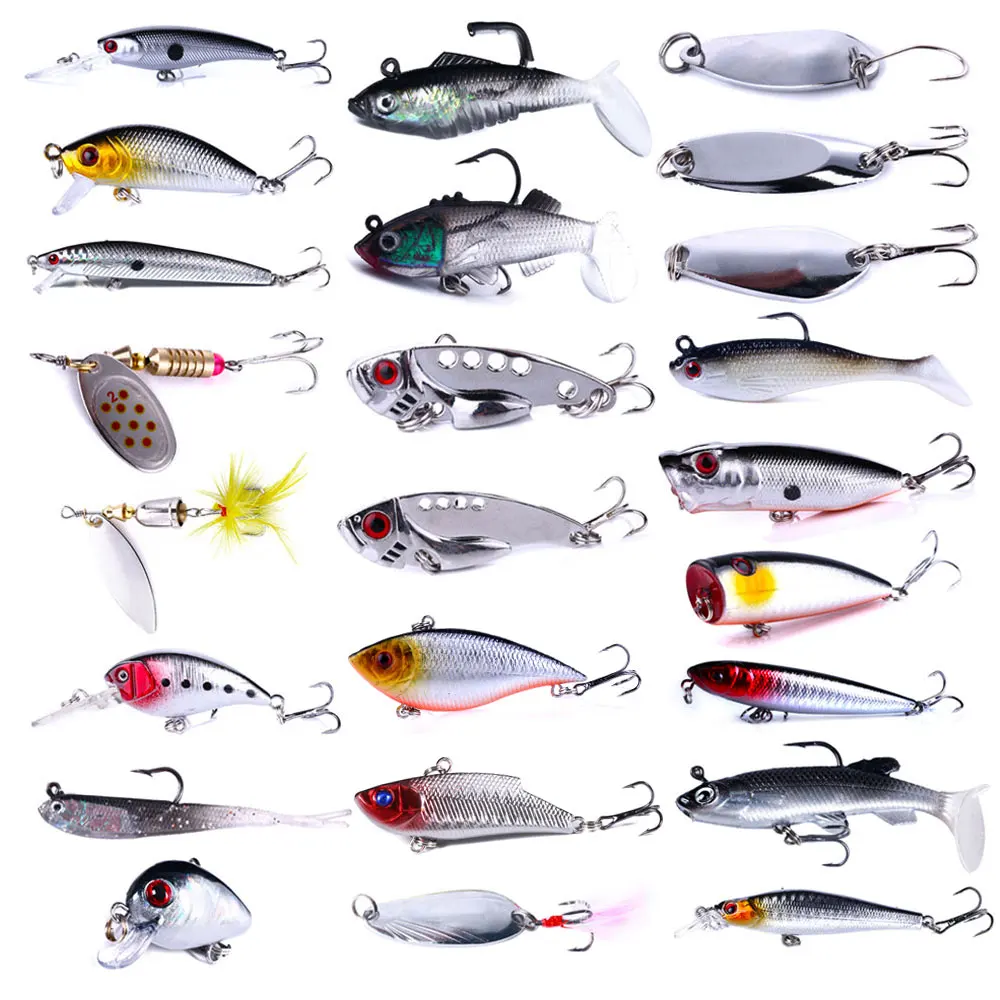 Wholesale Set103 Combo 24pcs/bag Mixed Baits Kit Crankbait Spoon Minnow Popper Pencil VIB Soft Fishing Lures Set