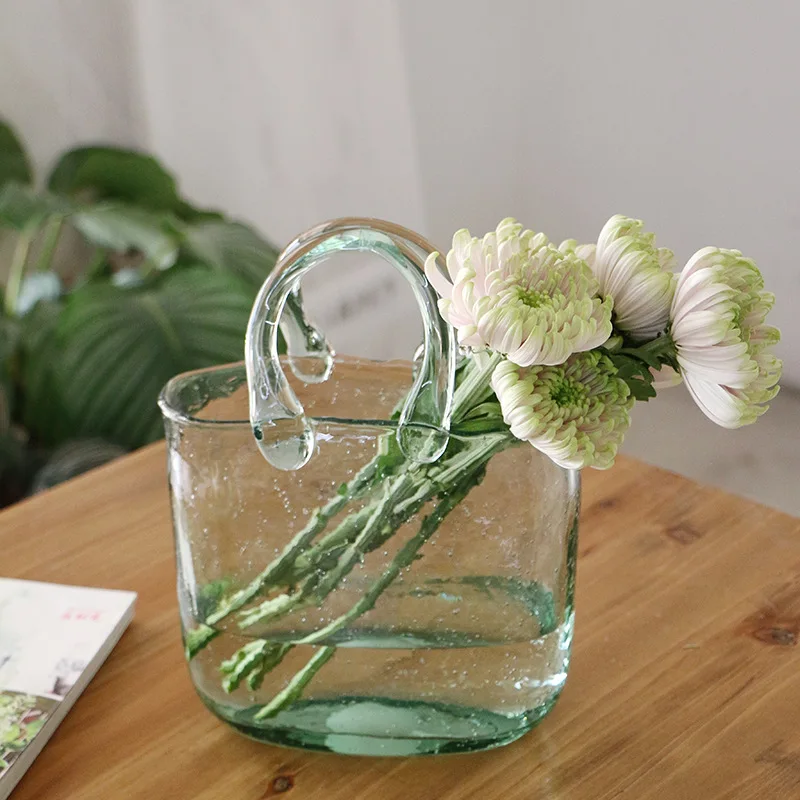 

Creative Large Bag Vases Clear Decorative Glass Fish Tank Bubble Handbag Glass Vase, Green/blue