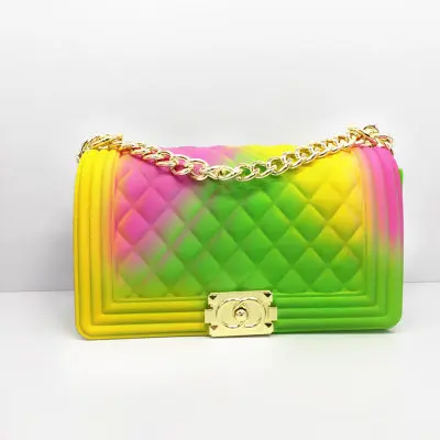 

HB-0018 High Quality Stylish Hand Bags Rhombic Shoulder Chain Gradient Color Frosted Jelly Bag Lady Hand Bags, Multi color