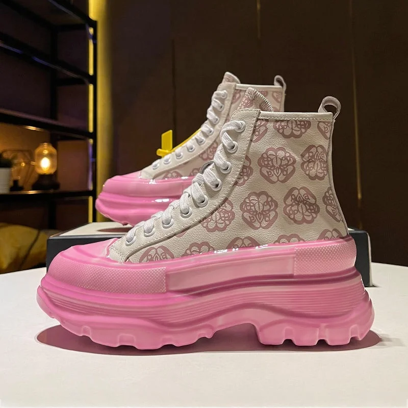 

TX Fashion ladies walking style shoes autumn /winter floral lace-up thick bottom casual all match women fashion sneakers, Color matching or can be customized according to requirements