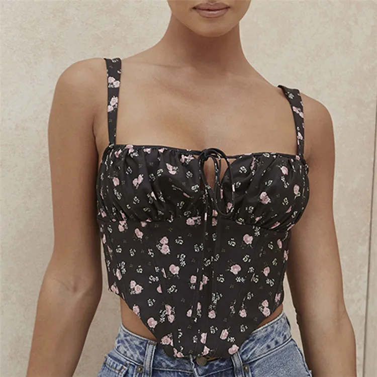 

Boning Backless Zipper Lace Up Slash Neck Floral Print Sleeveless Tops Woman Sexy Crop Top Summer Cropped Tank Top