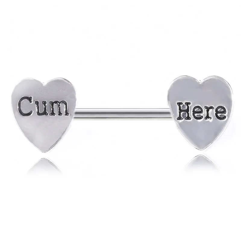 

14G Stainless Steel Nipplerings Barbell Heart with Carved Cum Here Nipple Rings Piercing for Women Men in Body Piercing Jewelry