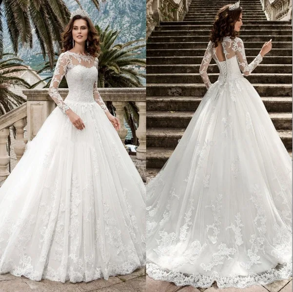 

0987 Bride 2021 Long Sleeves Lace Floor Length Wedding Gown Dresses, White