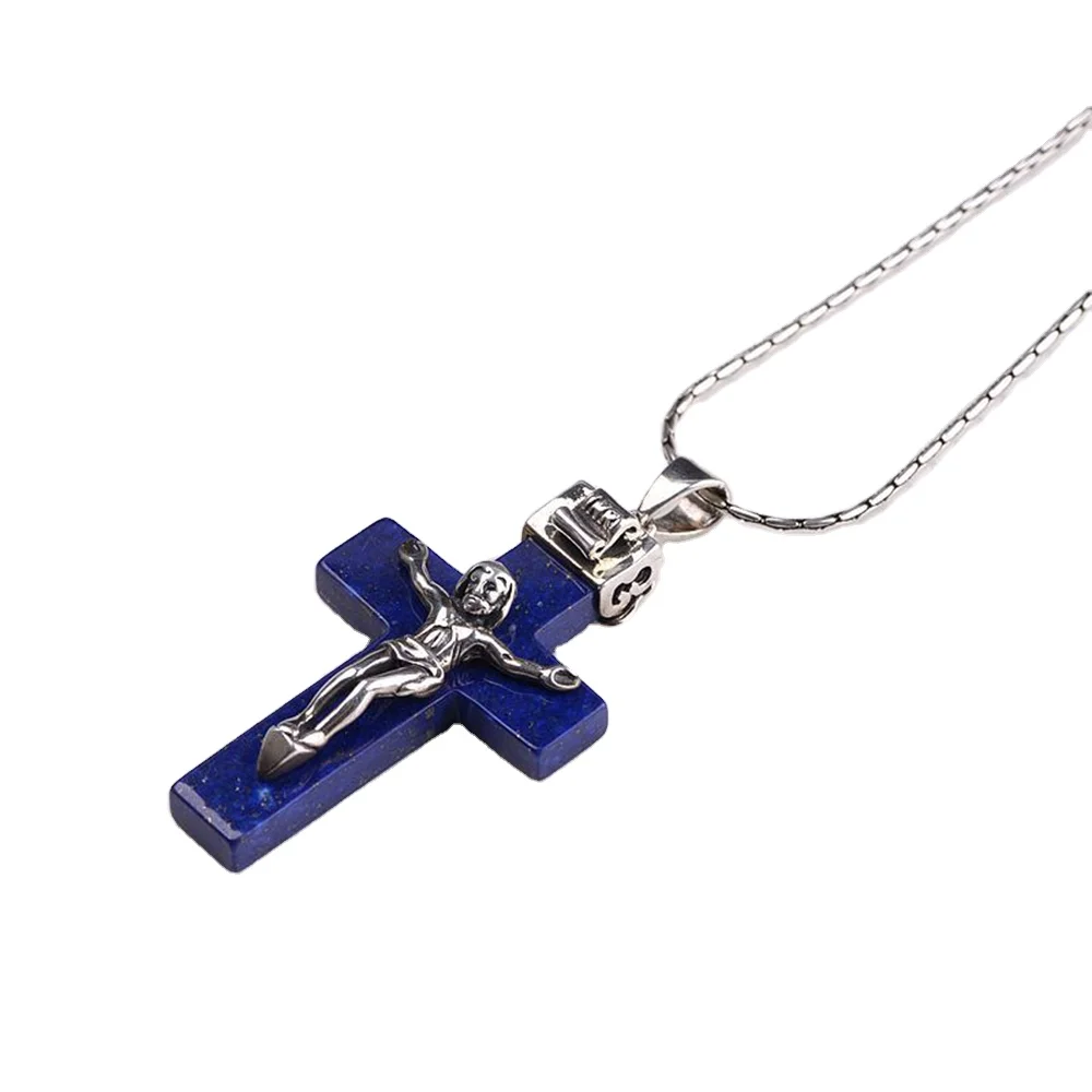 

Real Pure 925 Sterling Silver Crucifix Jesus Piece Pendant For Men Women With Natural Lapis Lazuli Stone Antique Holy Jewelry