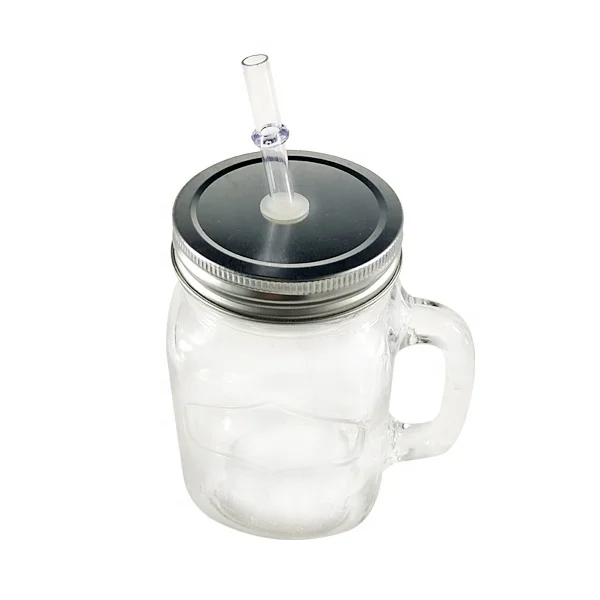 

Wholesale 16oz 480ml clear custom glass mason bottle drinking cups with handle and straw lid, Customized color