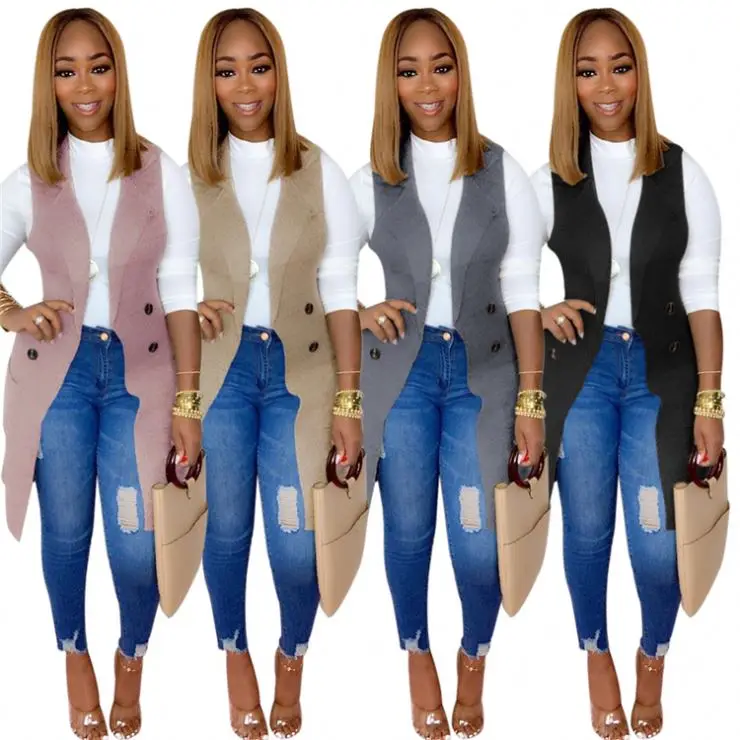 

Fashion Lady Coat Vest Outerwear Turndown Collar Sleeveless Solid Windbreaker Long Women Jacket, Customized color