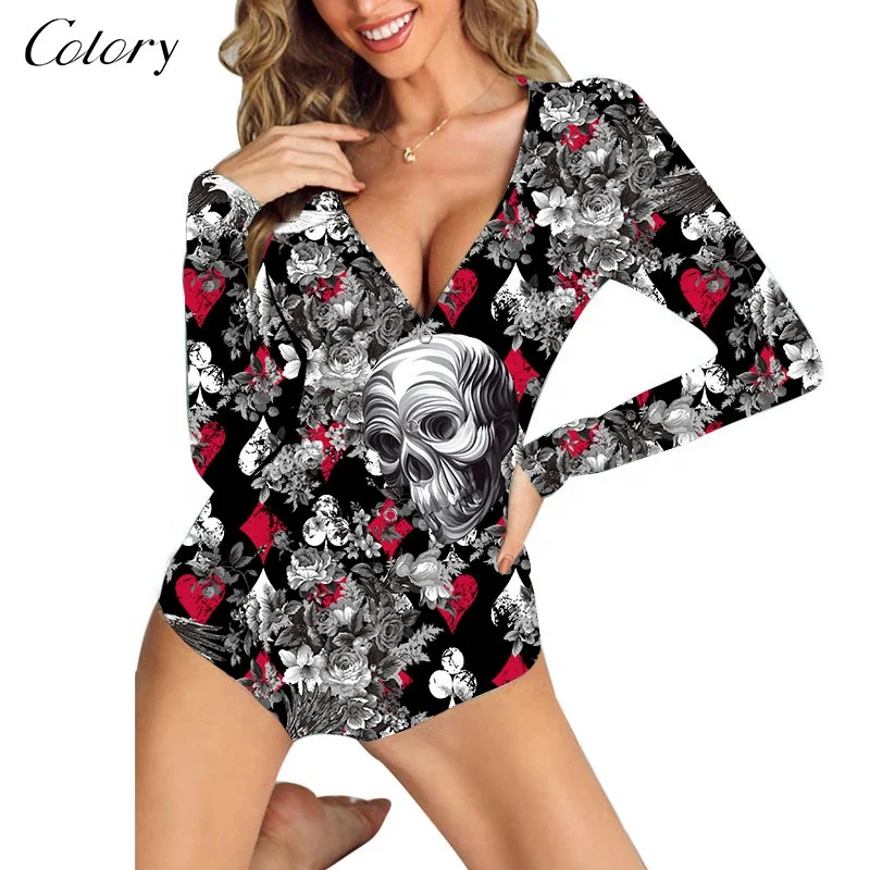 

Colory Wholesale Plus Size Ladies Onesie Printing Custom Long Sleeve Romper Women, Customized color