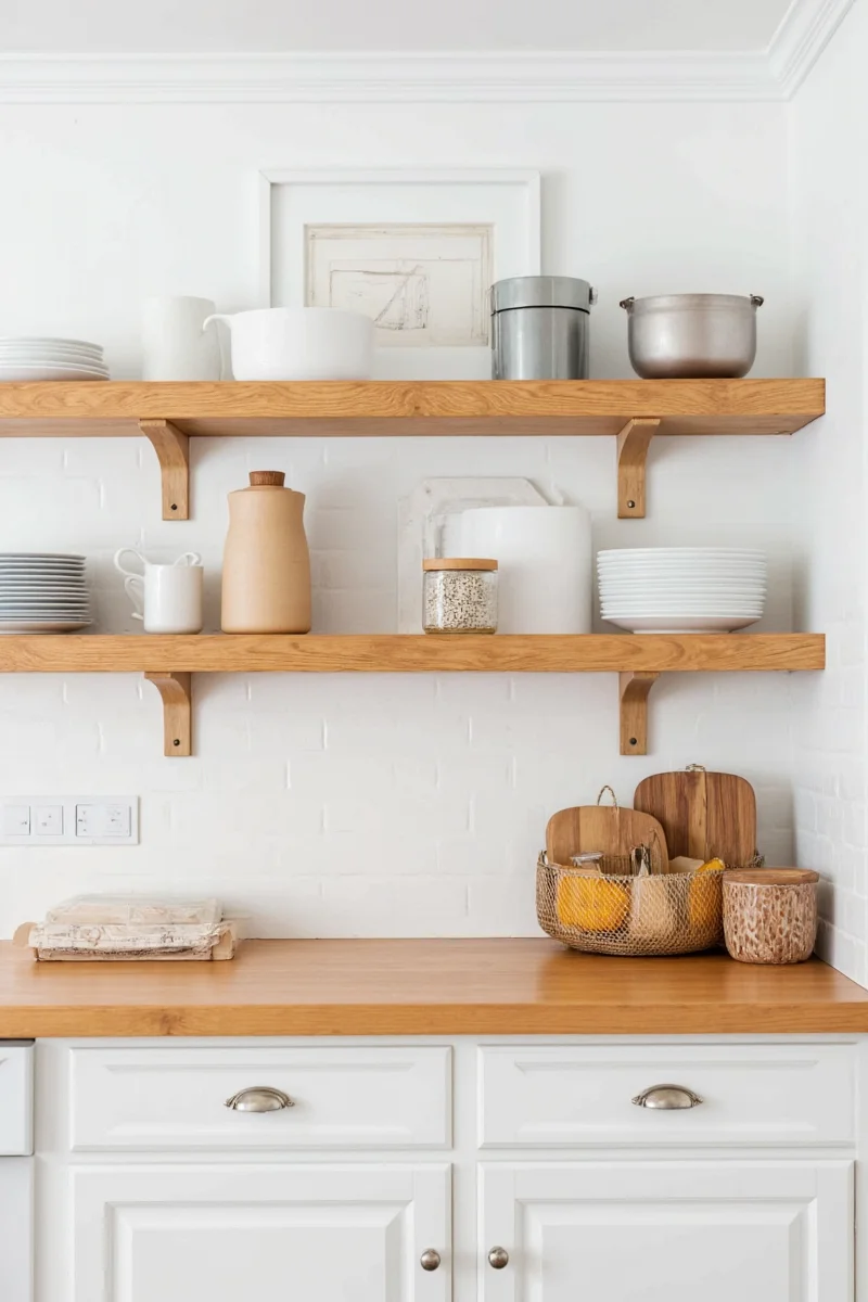 Rustic barnwood shelves with mugs and vintage kitchen tools displayed