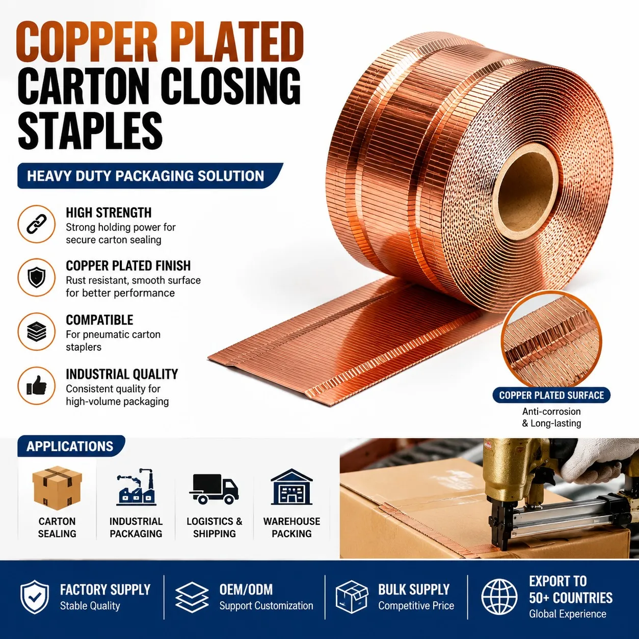 Rhinails copper plated carton closing staples heavy duty packaging solution for pneumatic carton staplers