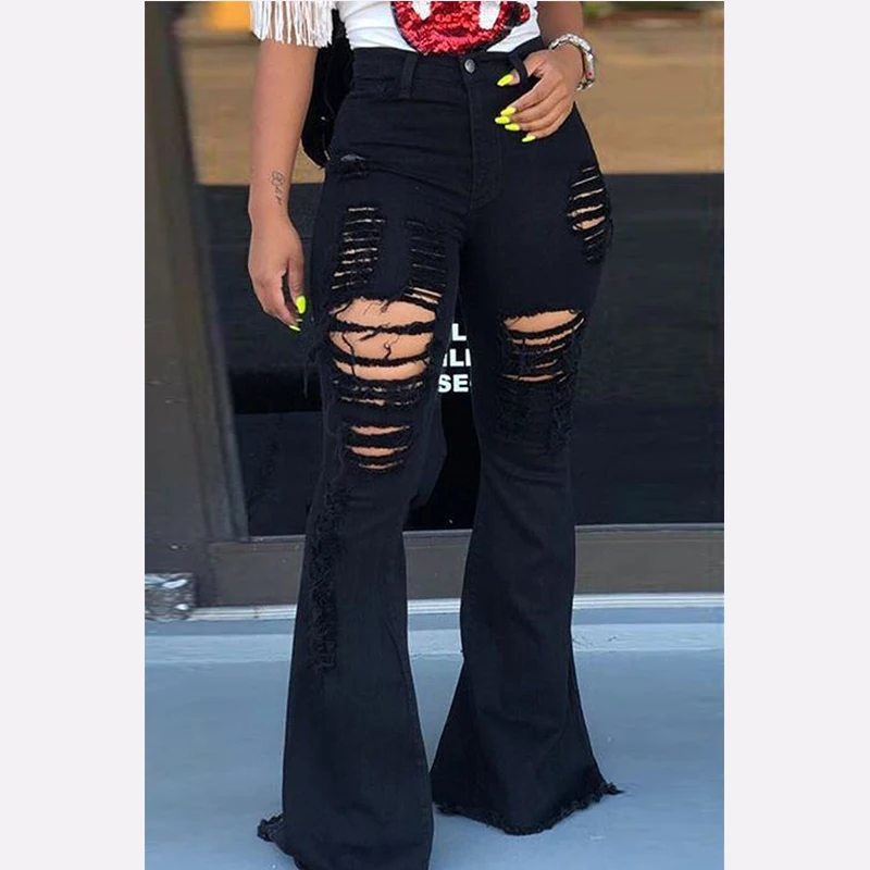 2019 High Waist Female Flare Ripped Jeans For Women Jeans Wide Leg Plus Size Flared Denim Skinny