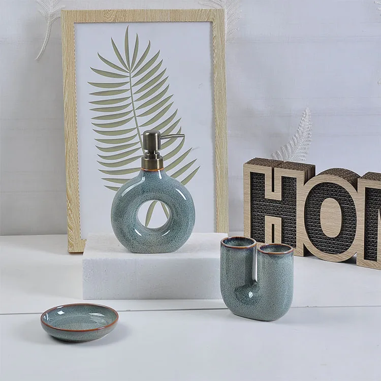 5pcs Transparent Eco-Friendly Nordic Empty Ceramic Transmutation Glaze Soap Dispenser Toothbrush Holder Cup Bathroom Set